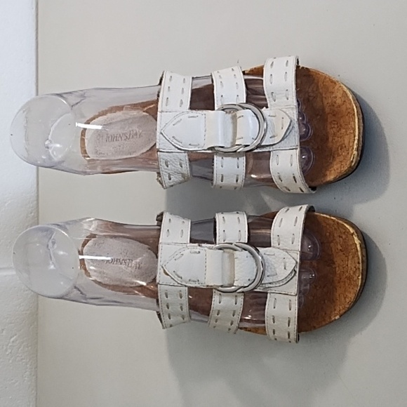 White Wedge Sandals with Leather Straps Stitching Cork Soles - Picture 4 of 13
